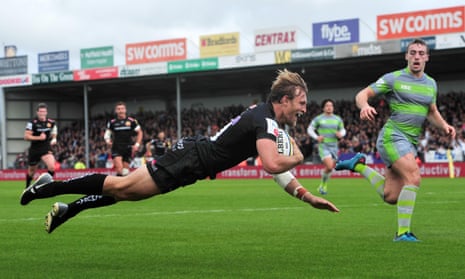 The full-back Lachie Turner goes over for Exeter’s second try in their home win over Newcastle.