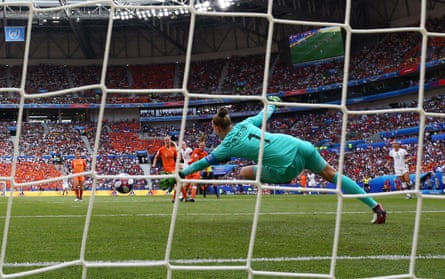 Sari Van Veenendaal of the Netherlands rdives in vain as Rose Lavelle of the USA scores her team’s second goal during the 2019 FIFA Women’s World Cup Final.