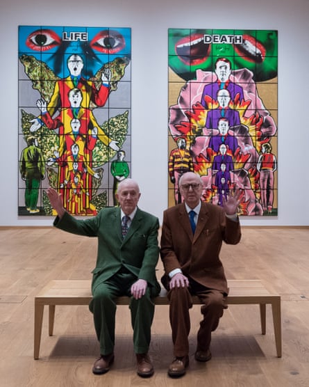 Gilbert & George in front of Death Hope Life Fear at the Gilbert & George Centre.