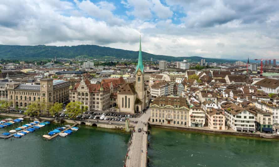 An aerial view of Zurich old town along the Limmat river.