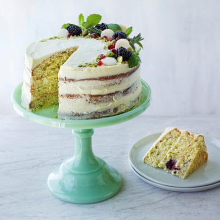 Sarah’s pistachio, blackberry and white chocolate layer cake. Prop styling Kate Whitaker. Food styling Jules Mercer.