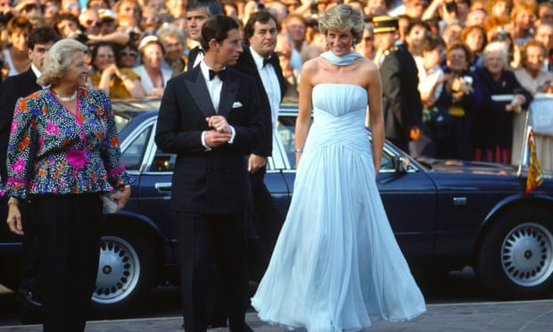 Prince Charles and Princess Diana arriving at the Cannes film festival in May 1987. Her pale blue chiffon gown with matching stole were designed by Catherine Walker.