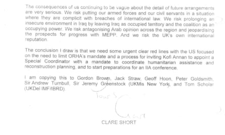 Excerpt from a letter from Clare Short to Blair