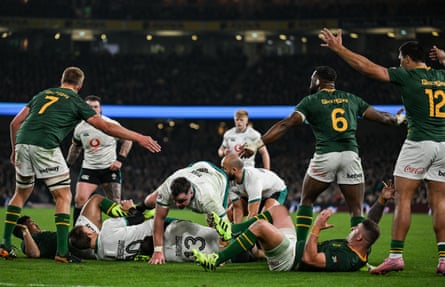 Malcolm Marx, bottom right, after a clean-out by James Ryan which earned the Ireland player a 20 minute red card.
