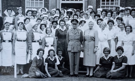 King, sitting 3rd from left, with fellow staff and Field Marshal Bernard Montgomery in 1947 at a Roehampton hospital where she was an occupational therapist nurse for children.