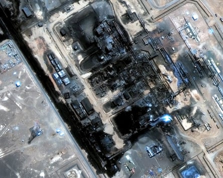 A satellite shows damage to a pumping station along the east-west pipeline near Al Mesaba’ah, Saudi Arabia.