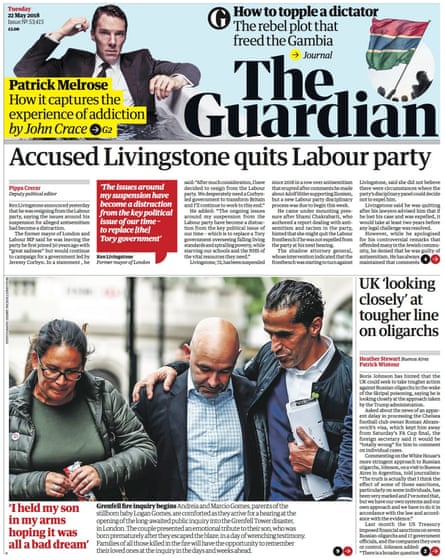 Guardian front page, Tuesday 22 May 2018