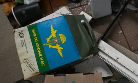 A military packed lunch bag 'No One But Us' left by withdrawing Russian soldiers at a destroyed gas station near Chornobaivka, Kherson, Ukraine.