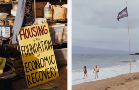 left: sign says ‘housing is the foundation of economic recovery’. Right: people walk on beach under flag