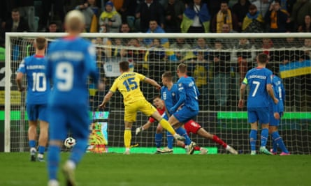 Viktor Tsygankov equalises in the second half for Ukraine.