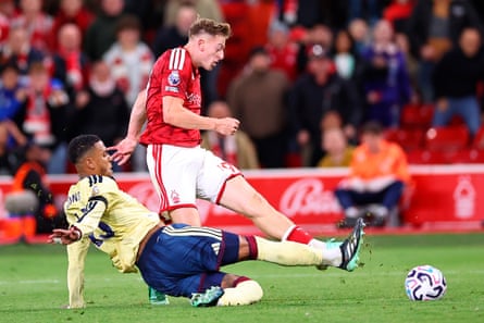 Liam Delap is tackled by Arsenal’s Ezri Konsa