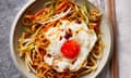Dress up your noodles in minutes with a tasty sauce, like Thomasina Miers’ root veg noodles and crispy eggs.