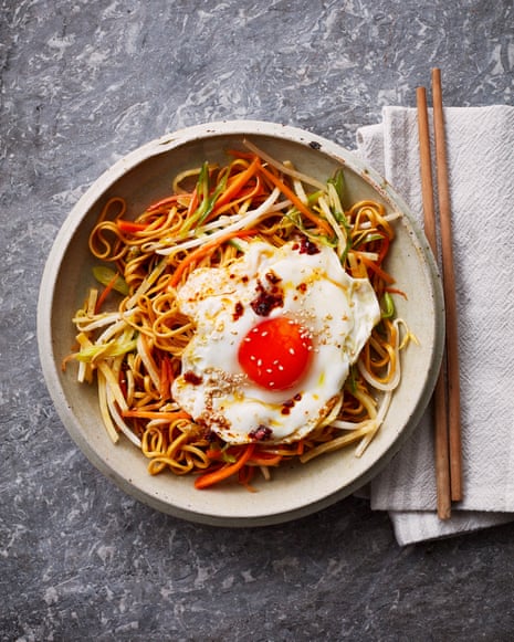 Dress up your noodles in minutes with a tasty sauce, like Thomasina Miers’ hangover noodles featuring root veg and crispy fried eggs.