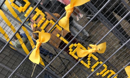 Yellow ribbons displayed at the exhibition in Brussels.