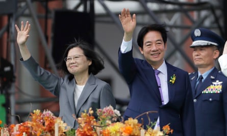 Tsai Ing-wen and the new president of Taiwan, Lai Ching-te, wave at the latter’s inauguration in Taipei, 20 May 2024.