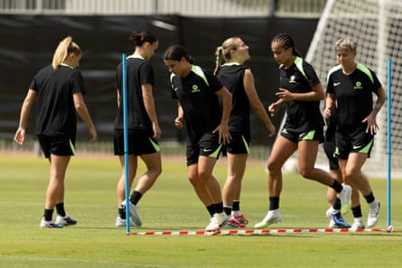 Sam Kerr, Mary Fowler and Matildas teammates train before the 2026 Women’s Asian Cup opener in Perth