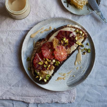Not your average snack: Anna Jones’ tahini and pistachio toasts topped with fresh fruit.