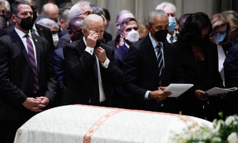 President Joe Biden, former president Barack Obama and former first lady Michelle Obama at the funeral of former secretary of state Madeleine Albright, Wednesday.