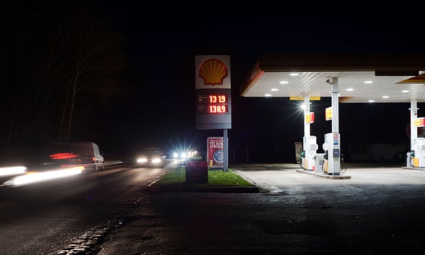 Petrol station in winter in Gloucestershire, England