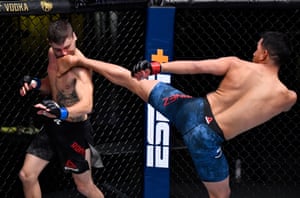 Adrian Yanez knocks out Victor Rodriguez with a kick in a bantamweight bout during the UFC Fight Night event at UFC APEX in Nevada