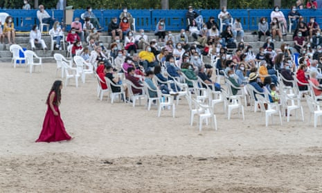 A socially-distanced performance of Electra by theatre company Noite Bohemia on the beach of San Amaro in A Coruña, Spain.