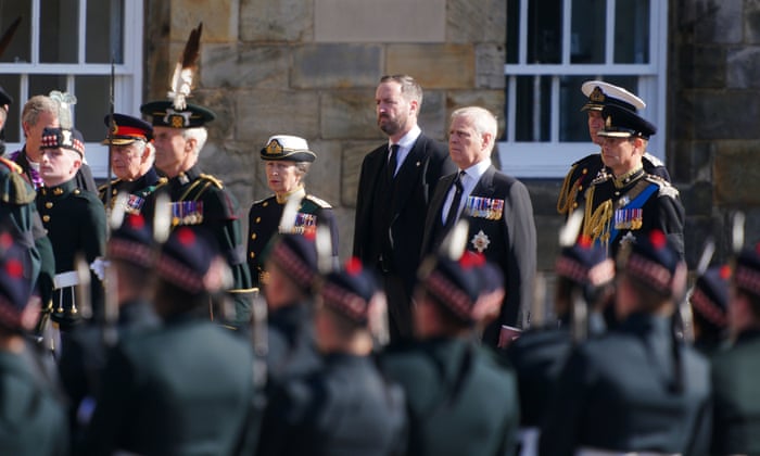 King Charles III (second left), the Princess Royal (centre), the Duke of York (second right) and the Earl of Wessex (right) watch as Queen Elizabeth II's coffin is removed from the Palace of Holyroodhouse.