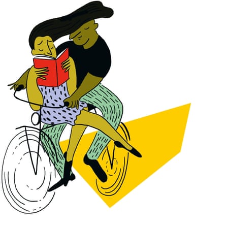 Illustration of a couple on a bicycle reading