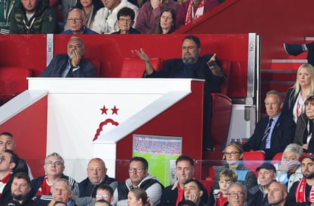 Evangelos Marinakis, owner of Nottingham Forest, demonstrates his displeasure in the stands.