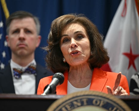 Interim US attorney Jeanine Pirro speaks at a press briefing on 22 May.