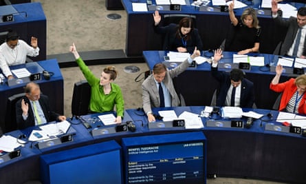 Members of the European parliament take part in a voting session as they consider the EU’s Artificial Intelligence Act, Strasbourg, France, 14 June 2023.