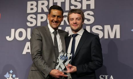The Guardian’s chief football writer, Daniel Taylor (right), is presented with the scoop of the year award by Andy Woodward.