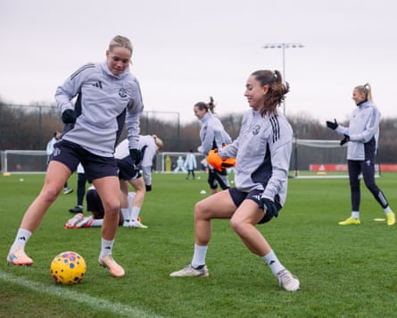 Hanna Lundkvist (left) and Maya Le Tissier during a training session at Carrington ahead of their clash against Arsenal.