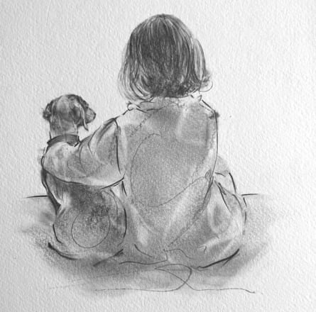 A drawing of a child and a dog seen from behind.