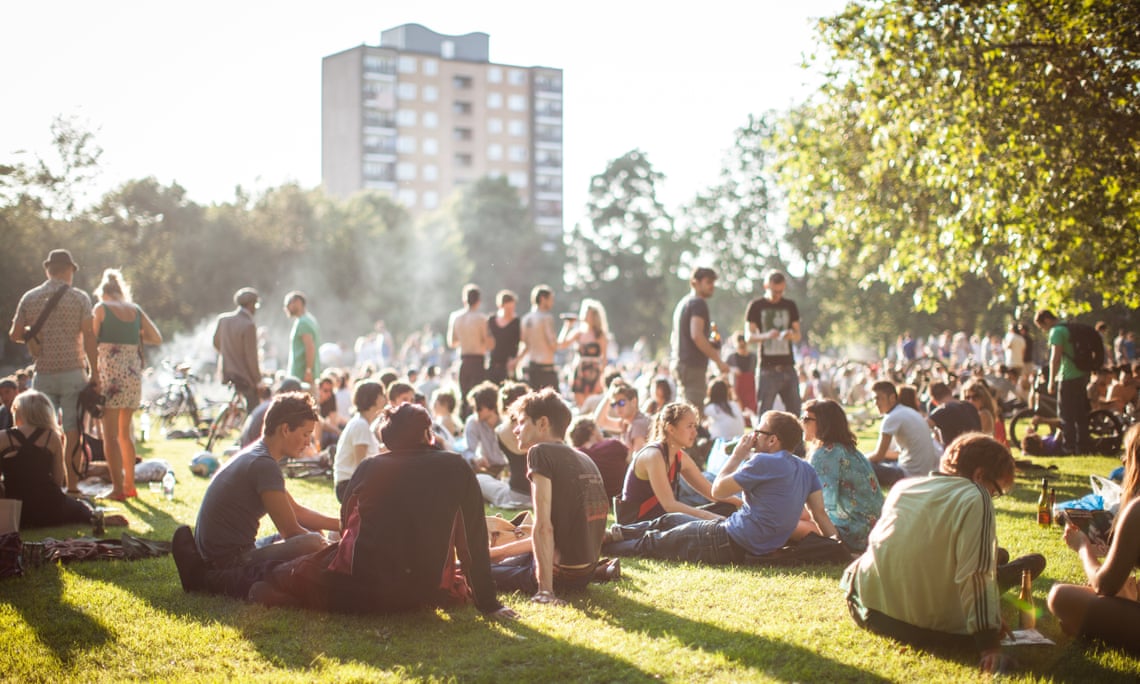 Crowd of people in London Fields Park, East London