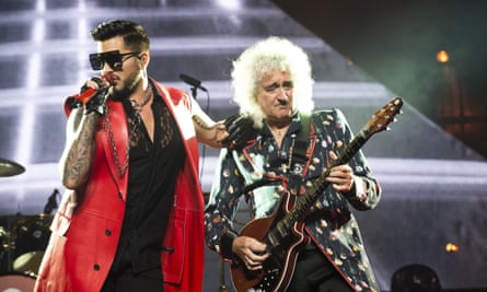 Adam Lambert, performing with Queen’s Brian May in Barcelona.