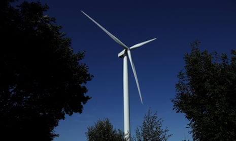Wind turbine at onshore windfarm in Frodsham, UK.