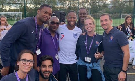 Raheem Sterling on a visit to his old school
