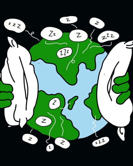 Illustration of the world with Zs in speech bubbles coming out of it, and hands holding a pillow on either side