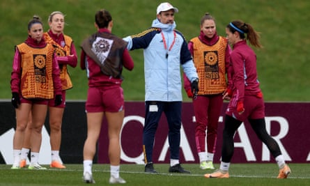 Jorge Vilda leads Spain training in a chilly Wellington.