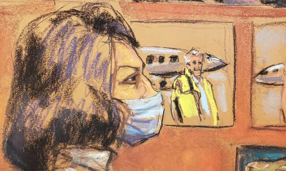 Ghislaine Maxwell is seen in a courtroom sketch featuring an image of Jeffrey Epstein in front of a plane. 