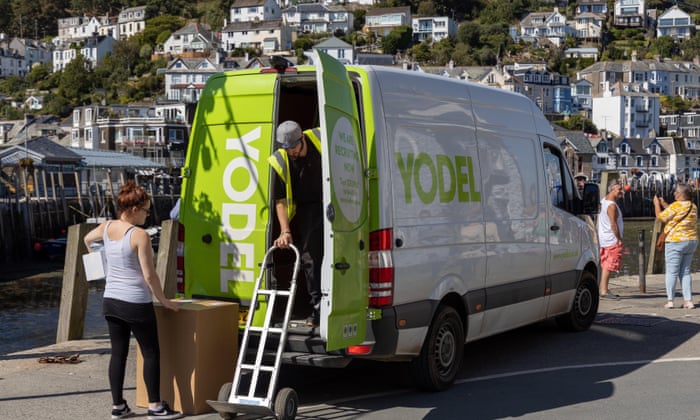 A Yodel van making delivery in Looe, Cornwall