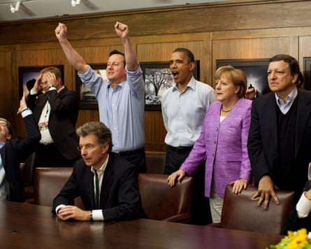 Limbs: David Cameron celebrates Chelsea’s success during the G8 Summit at Camp David.
