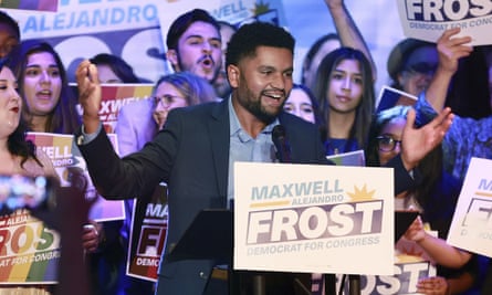 Maxwell Frost celebrates with supporters during a victory party in Orlando, Florida.