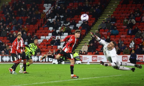 Sheffield United's keeper Ivo Grbic saves from Arsenal's Gabriel Jesus.