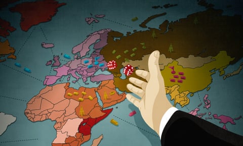 a hand throwing dice over countries on a world map like a giant board game