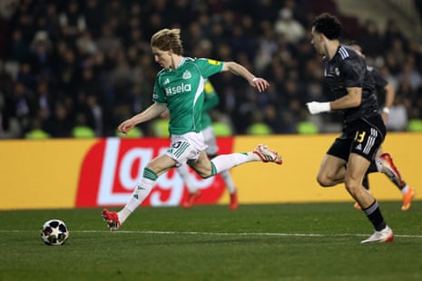 Anthony Gordon fires home a right footed shot to give Newcastle United an early lead against Qarabag.