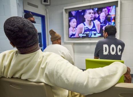 Watching Game 1 of the 2026 NBA finals between the New York Knicks and San Antonio Spurs on Rikers Island, East Elmhurst, New York, on 3 June 2026.