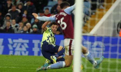 Aston Villa's defender Alex Moreno blocks a goal-bound shot from Leeds United's striker Rodrigo