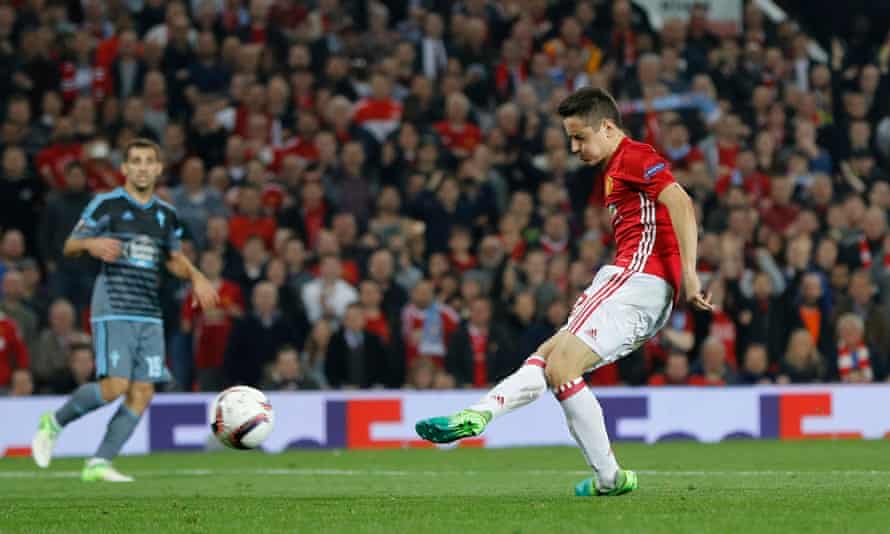 Manchester United’s Ander Herrera thinks he’s sealed victory but he’s denied by the referee’s whistle.
