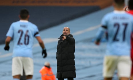 Pep Guardiola issues instructions from the touchline during Manchester City’s FA Cup win against Birmingham.